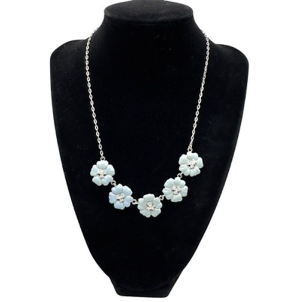 Erwin Pearl Necklace Enamel Gray Blue Flower Silver Tone Chain Vintage 18"